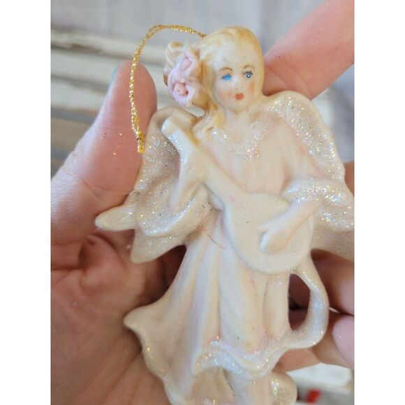 Angel cherub banjo vintage ornament tree porcelain Xmas - Picture 7 of 7